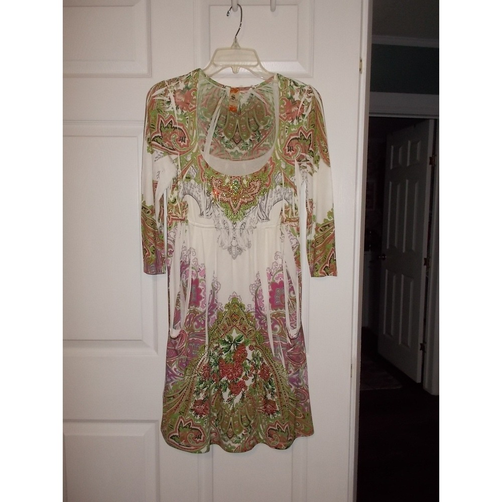 S-Twelve Womens Paisley Floral Embellished Scoop Neck Dress Green Pink Small